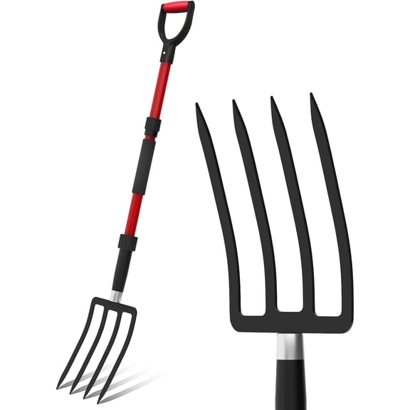 Pitch Fork for Garden, 44-Inches Pitchfork with Fiberglass Handle, Gardening Spading Fork with 4 Metal Tines, Heavy Duty Pitchfork for Manure, Mulch, Digging, Aeration, Red