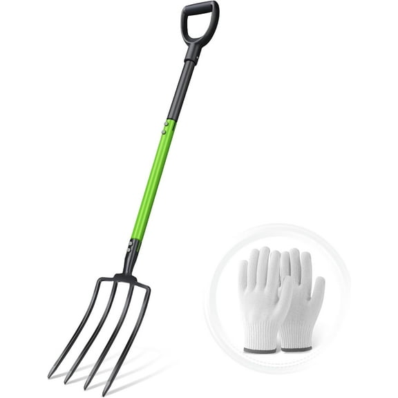 Pitch Fork,Pitchforks for Garden Digging Compost Spading,4-Tines Fork with Steel Handle and Strengthen Head 45inches (with Protective Gloves)