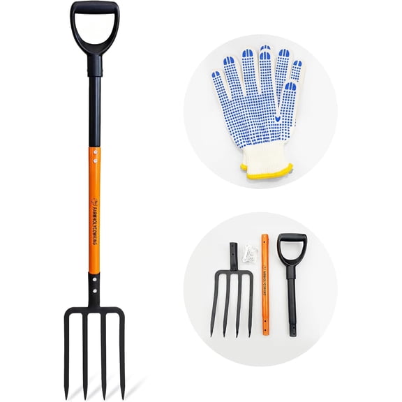 Pitch Fork for Garden, 4-Tines Garden Fork, 45-Inch Spading Fork, Heavy Duty Compost Digging Fork with Steel Handle and Enhanced D-handle, Orange