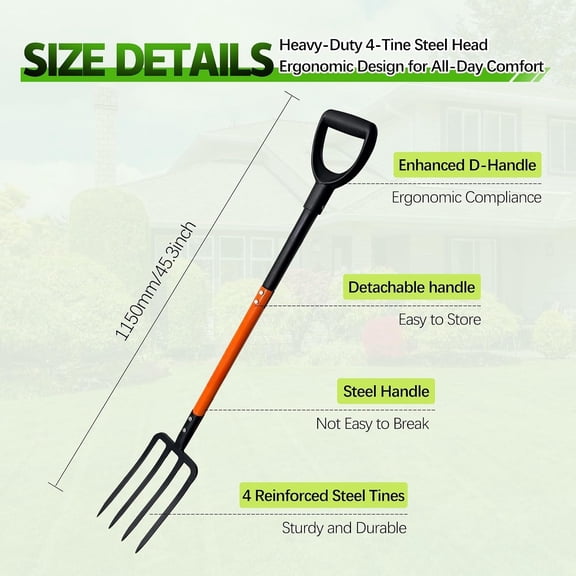 Pitch Fork for Garden, 4-Tines Garden Fork, 45-Inch Spading Fork, Heavy Duty Compost Digging Fork with Steel Handle and Enhanced D-handle, Orange