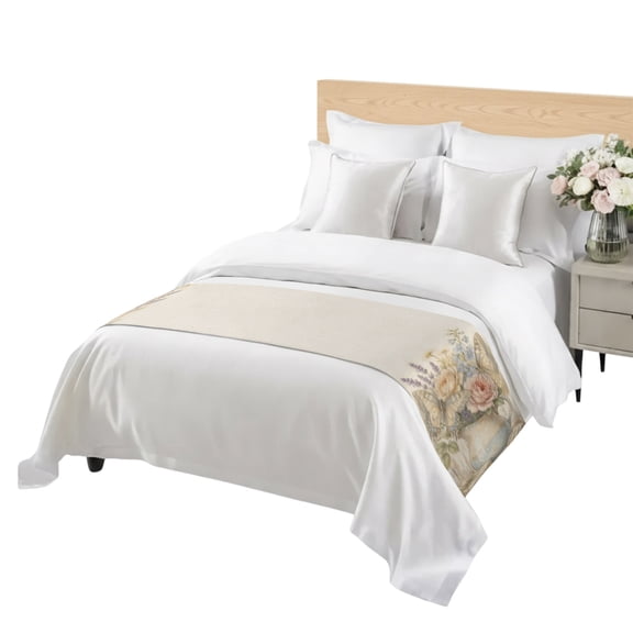 Pitcher Vase Roses Bed Runner Twin Size Lavender Butterflies Botanical Rustic Soft Bed Scarf for Foot of Bed, Decorative Bedding Scarf Protection for Hotel Home Bedroom 71 x 20 Inch