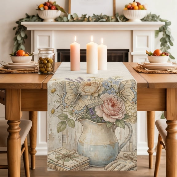 Pitcher Vase Roses Table Runner 13x36 Inch Lavender Butterflies Botanical Rustic Cotton Linen Dining Table Runner Ideal for Dresser Kitchen Coffee Tables - Machine Washable