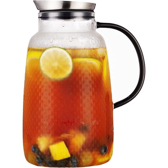 Pitcher with Lid, Glass Jug with Stainless Steel Lid for Hot and Cold Water, Fruit , Coffee Maker, Ice , Juice, Pineapple Series (Clear, 80 oz)