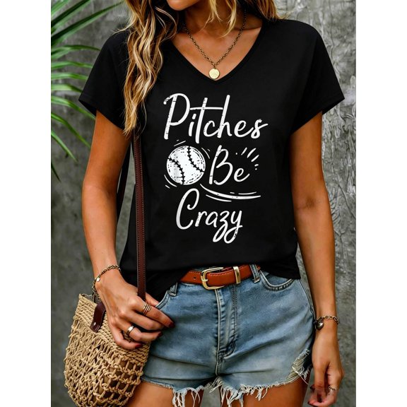 Pitches Be Crazy Baseball Funny Sports Player Women V Neck T-Shirt Cotton Women's V Neck Graphic Tee, Casual Short Sleeve Shirt