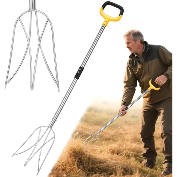 Pitchfork for Gardening, 48.5" Extendable Stainless Steel Garden Pitchfork with Handle, Suitable for Digging, Fertilizing, Transplanting, Multifunctional Garden Fork - 3 Tines