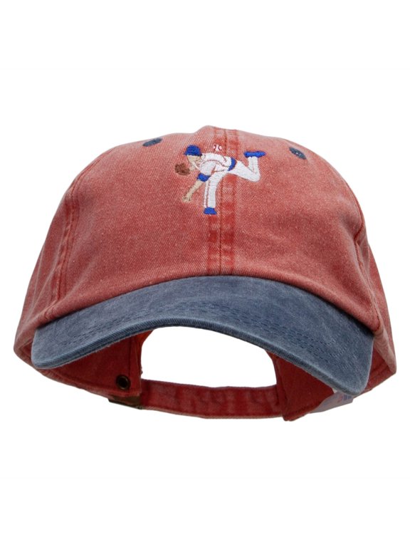 Pitching At You Embroidered Pigment Dyed Wash Caps - Orange Navy OSFM