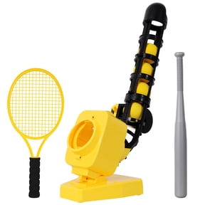 Pitching Machine, Automatic Baseball & Tennis Ball Tosser, ABS, Yellow, Adjustable Launch Angle, Includes Bat & Racket