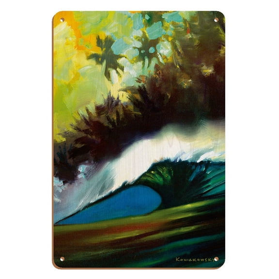 Pitching Wave - Tropical Surf - From an Original Color Painting by Wade Koniakowsky - 8 x 12 inch Vintage Wood Art Sign