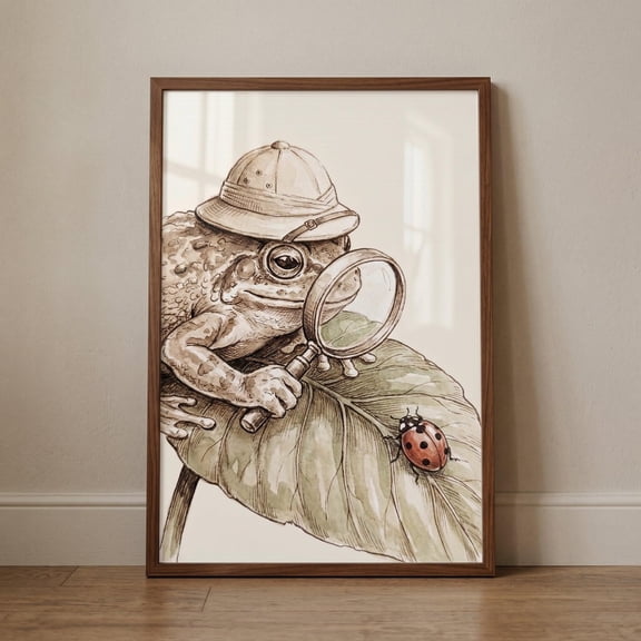 Pith Helmet Explorer Toad Wall Art naturalist frog print whimsical detective toad art cott