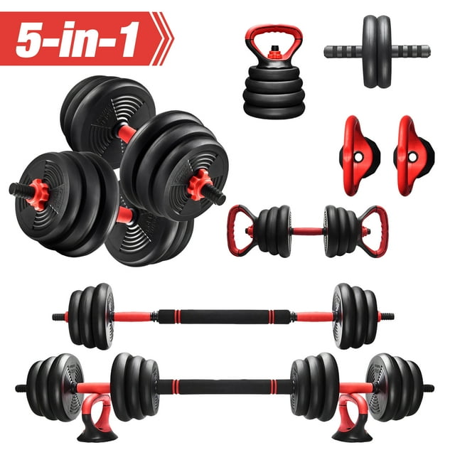 Pithage 5in1 Adjustable Dumbbell Set 45lb Free Weights Dumbbells Barbell Kettlebells Set for