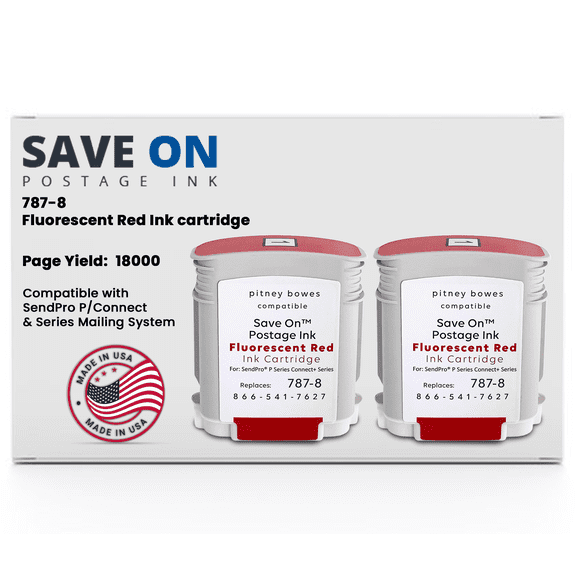 Save On Postage Ink Compatible Pitney Bowes Postage Machine Red Ink Cartridge for Sendpro P/Connect & Series Mailing System, 787 8 Red Fluorescent Ink Cartridge Postage Meter Cartridge