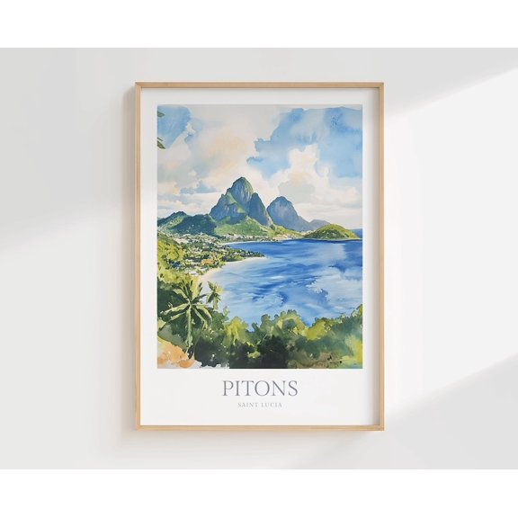 Pitons Saint Lucia Caribbean Wall Art Print, Tropical Home Decor