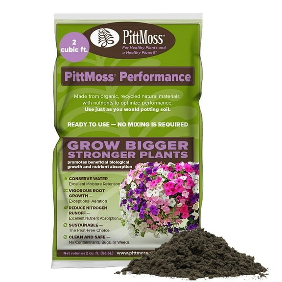 PittMoss Performance Eco-Friendly, Peat-Free Potting Mix Enhanced with Controlled Release Fertilizer for Gardens, Houseplants & More, 2 Cubic Feet