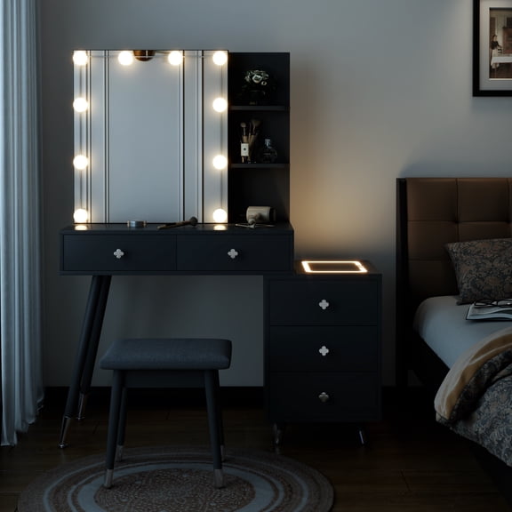 Pitted Particle Board With Triamine Coating, Solid Wood Legs With Copper Sheath Decoration, 5 Drawers, 2-Layer Shelf, Mirror Cabinet With Strips, Led Three-Tone Lighting Panel, Three-Tone Lighting