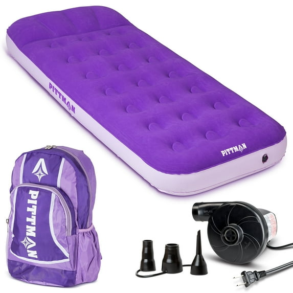 Pittman Outdoors - Purple Kids Air Mattress | Includes Electric Pump & Colorful Travel Backpack | Puncture-Resistant & Easy-Inflate