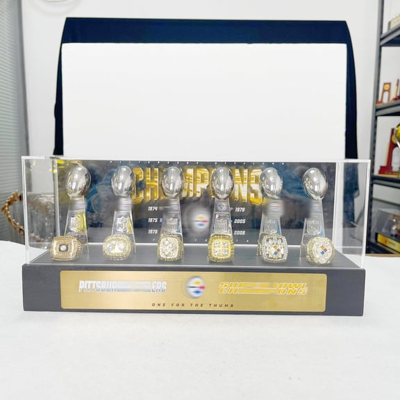 Pittsb Steelers Sup Bol Champions Trophy & Ring Display Set (6 Trophies + 6 Rings, NFL Fan Collectible Decor Gift)