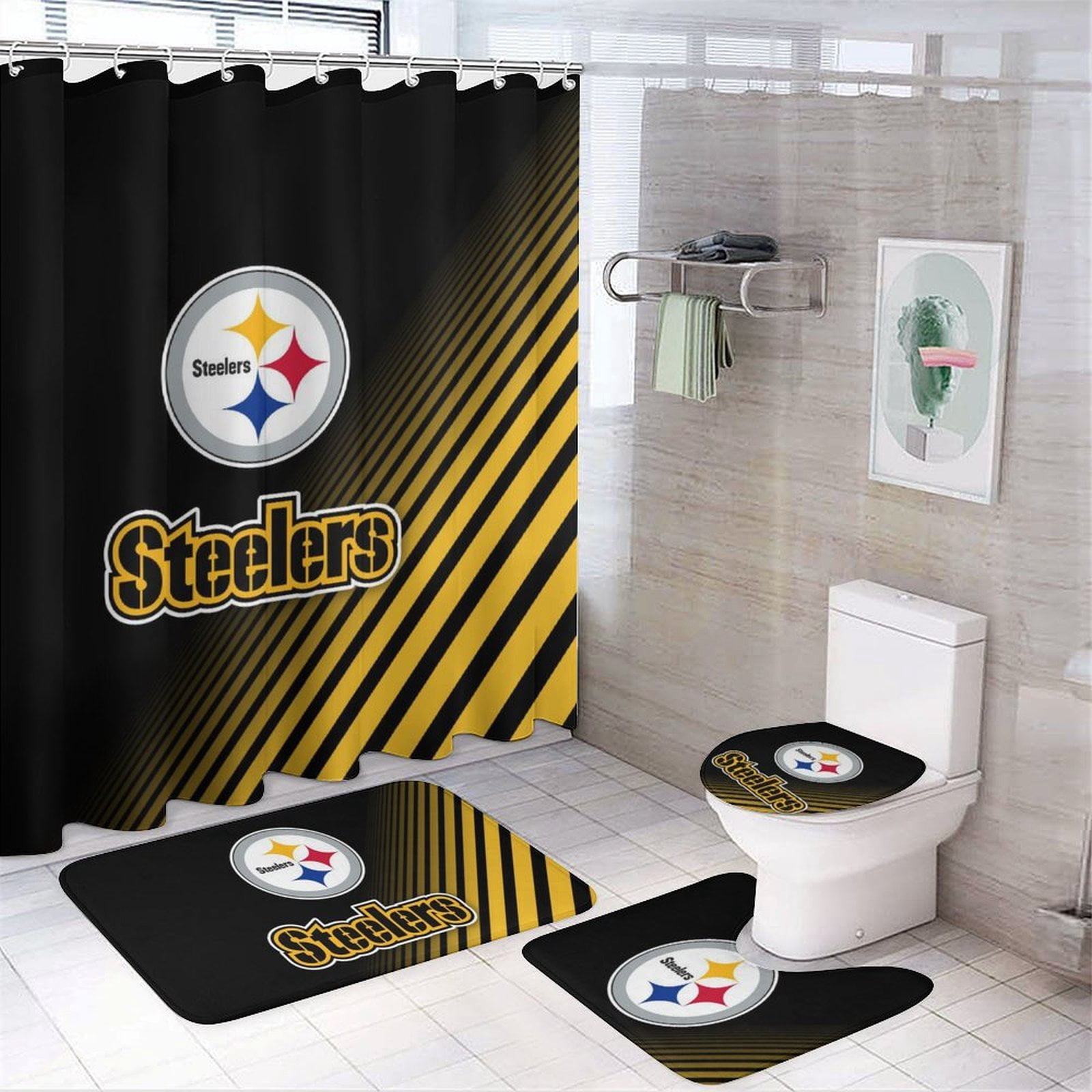 Pittsburg Bathroom 4 Pieces Set Shower Curtain, Toilet Lid Cover and Bath Mat, Non-Slip Rugs,Durable and Waterproof for Football Fans Bathroom Decor Set, 72" x 72"