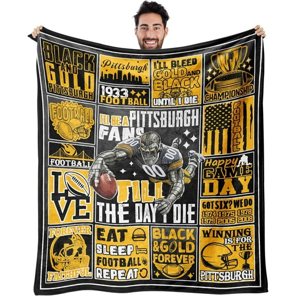 Pittsburgh Blanket Throws Football Style Blanket Comfortable Sports Blankets Flannel for Gifts Bed Sofa Couch Living Room 62" x52"