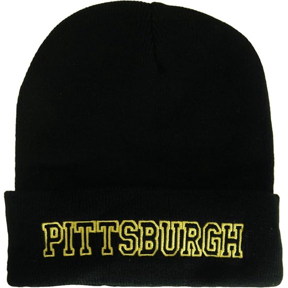 Pittsburgh City Name Cuffed Winter Knit Beanie Toboggan Hat (Black/Gold)