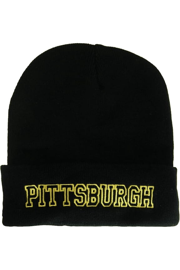 Pittsburgh City Name Cuffed Winter Knit Beanie Toboggan Hat (Black/Gold)