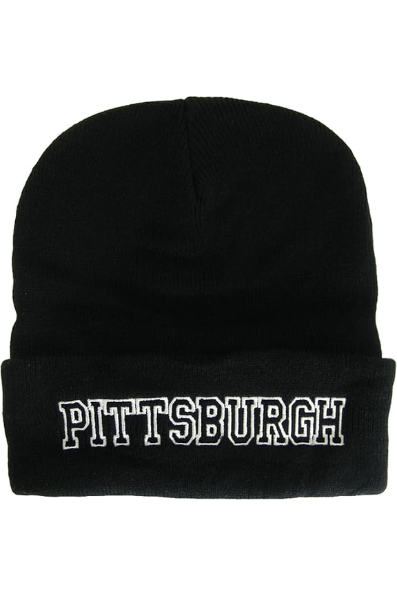 Pittsburgh City Name Cuffed Winter Knit Beanie Toboggan Hat (Black/White)