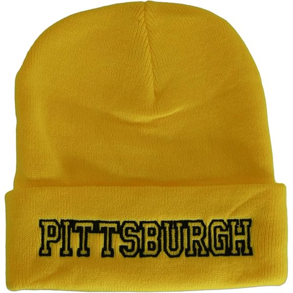 Pittsburgh City Name Cuffed Winter Knit Beanie Toboggan Hat (Gold/Black)