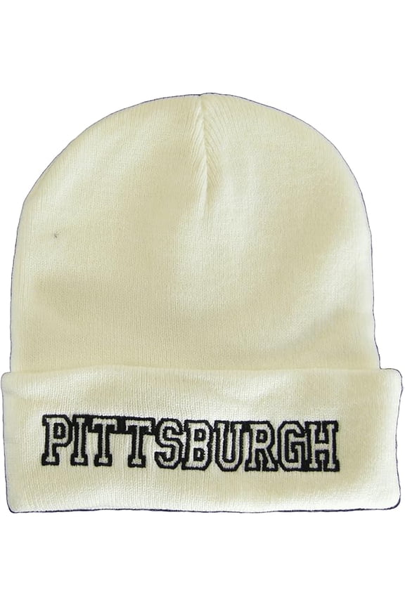 Pittsburgh City Name Cuffed Winter Knit Beanie Toboggan Hat (White/Black)