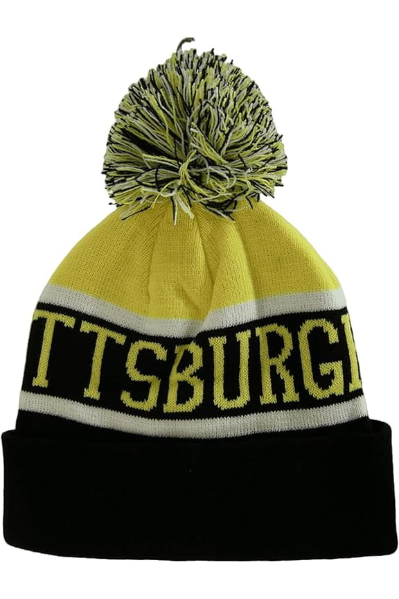 Pittsburgh City Name Wide Stripe Winter Knit Pom Beanie Hat (Gold/Black)