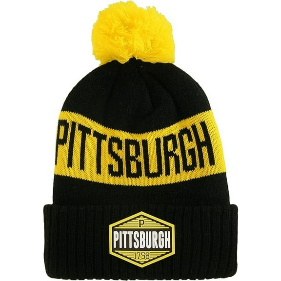 Pittsburgh City Name Winter Knit 3D Rubber Patch Pom Beanie Hat (Black/Gold)