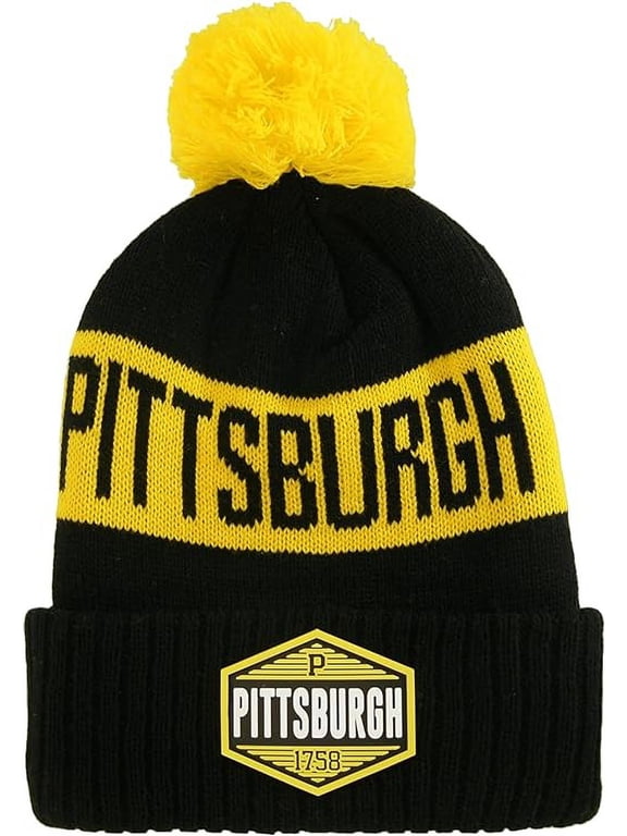 Pittsburgh City Name Winter Knit 3D Rubber Patch Pom Beanie Hat (Black/Gold)