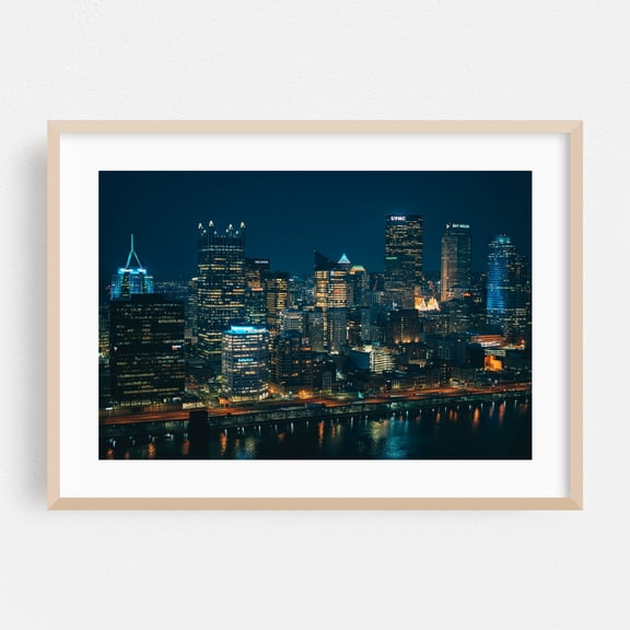 Pittsburgh from Mt. Washington 02 - Pittsburgh Pennsylvania Photography City Skyline Nightlife Architecture Night Sky Travel Poster Bridge Oak Framed Wall Art Print 5 x 7 inches