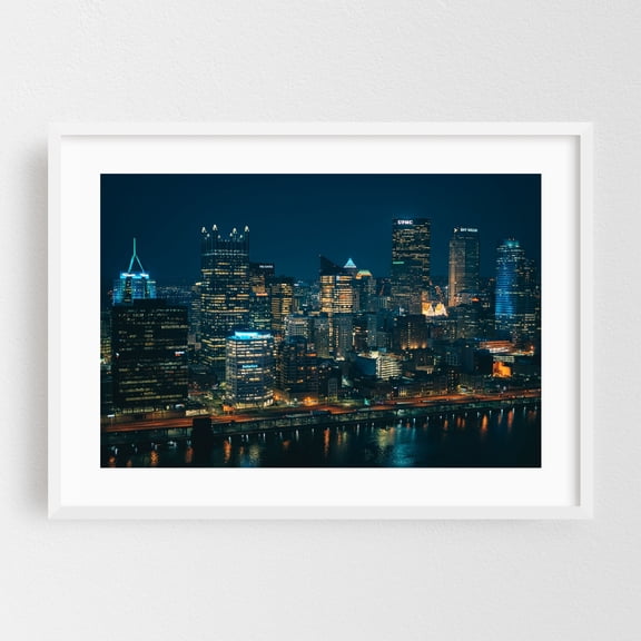 Pittsburgh from Mt. Washington 02 - Pittsburgh Pennsylvania Photography City Skyline Nightlife Architecture Night Sky Travel Poster Bridge White Framed Wall Art Print 5 x 7 inches