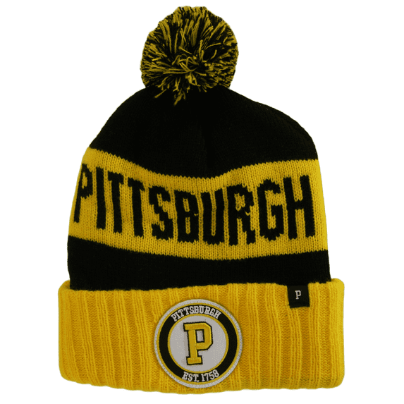 Pittsburgh P Patch Ribbed Cuff Knit Winter Hat Pom Beanie (Gold/Black Patch)