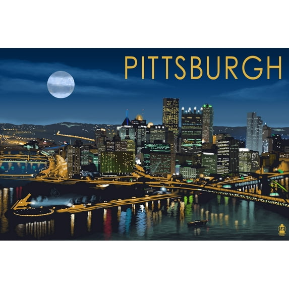 Pittsburgh, Pennsylvania, Skyline at Night (9x12 Wall Art Print, Home Decor)