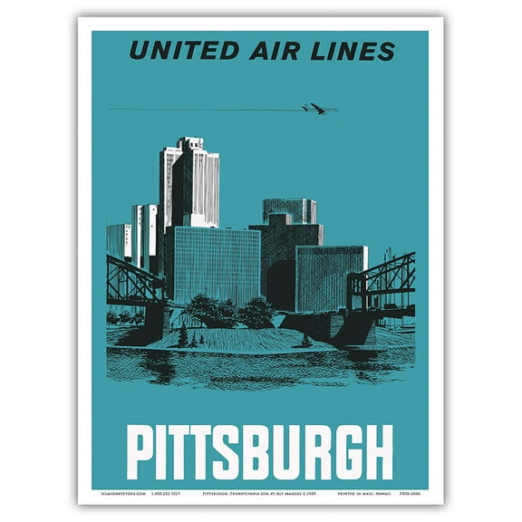 Pittsburgh Pennsylvania USA - United Air Lines - Allegheny and Monongahela Rivers - Vintage Airline Travel Poster by Alf Maggee c.1959 - Master Art Print (Unframed) 9in x 12in