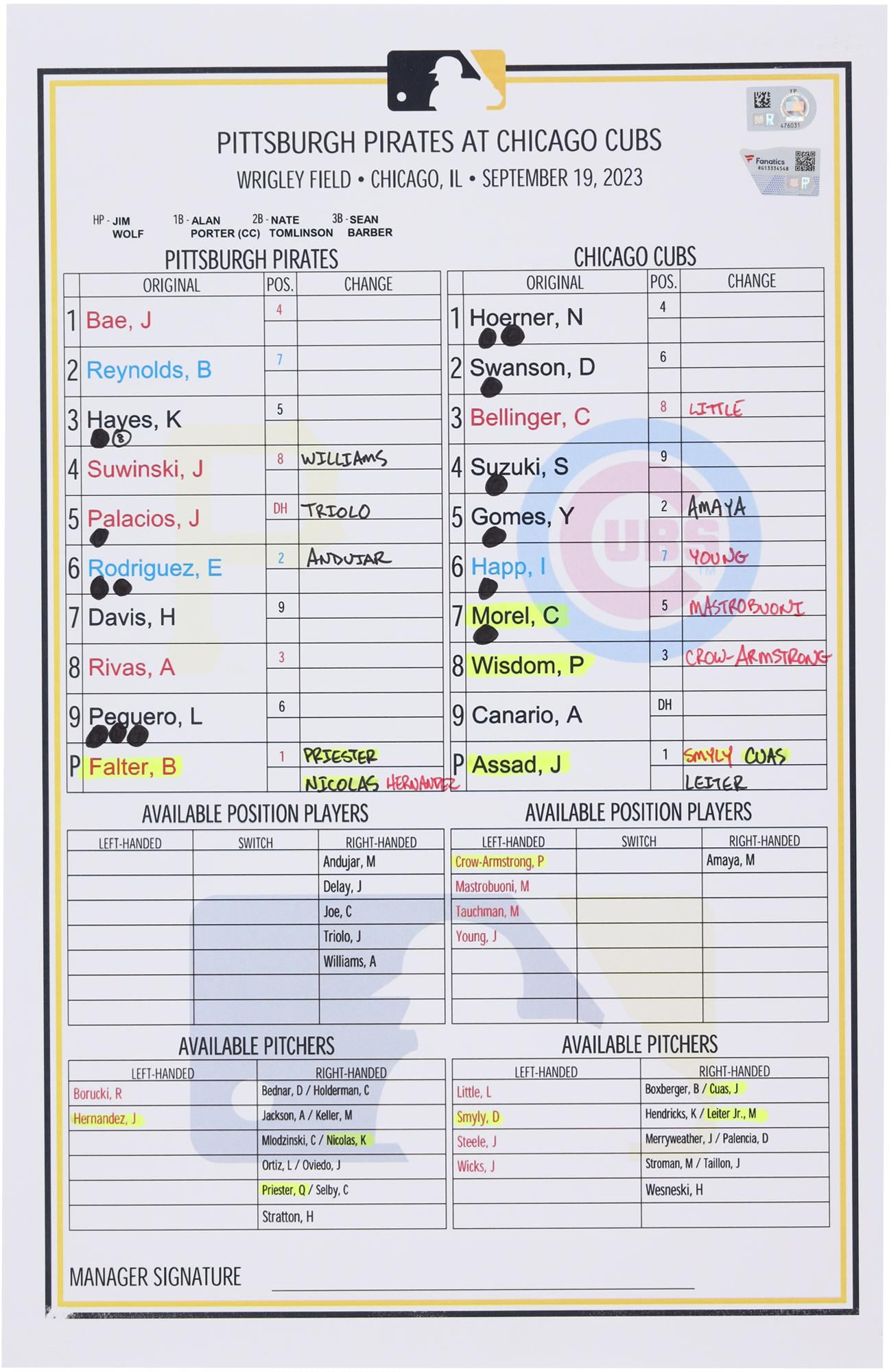 Pittsburgh Pirates GameUsed Lineup Card vs. Chicago Cubs on September