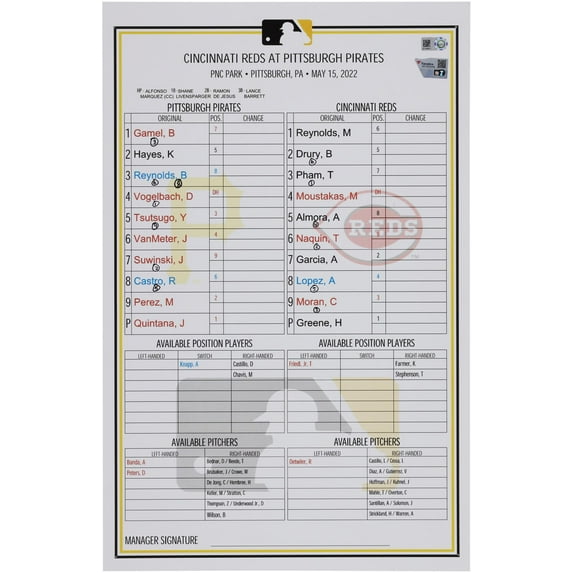 Pittsburgh Pirates Game-Used Lineup Card vs. Cincinnati Reds on May 15, 2022 - Fanatics Authentic Certified