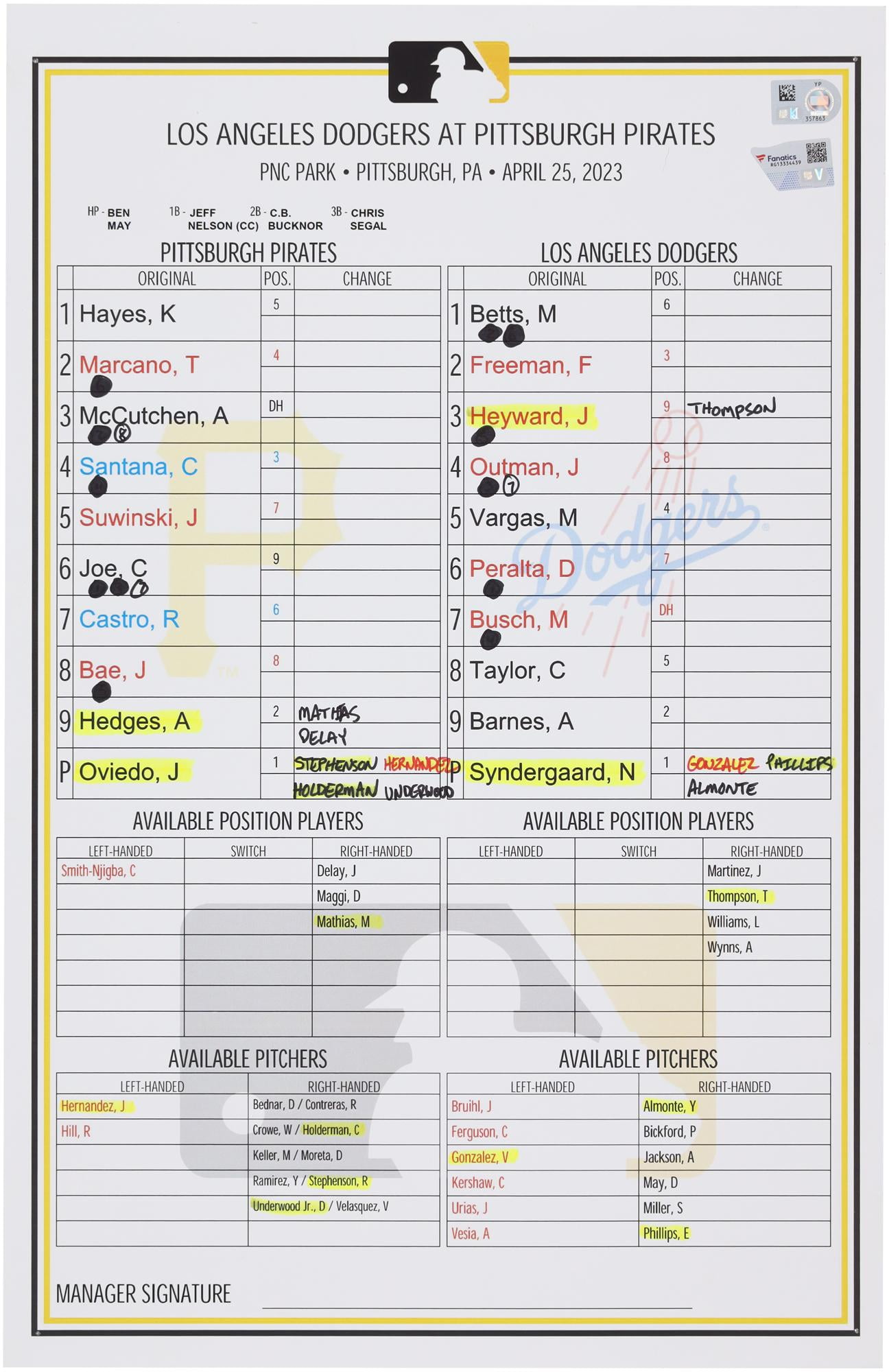 Pittsburgh Pirates GameUsed Lineup Card vs. Los Angeles Dodgers on April 25, 2023 Fanatics