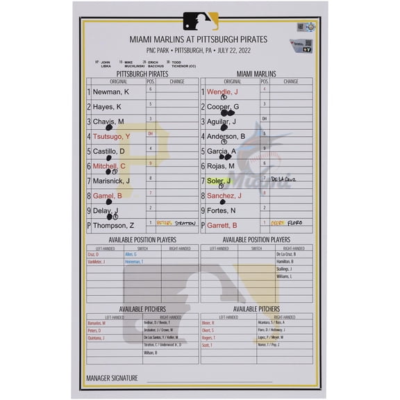 Pittsburgh Pirates Game-Used Lineup Card vs. Miami Marlins on July 22, 2022 - Fanatics Authentic Certified