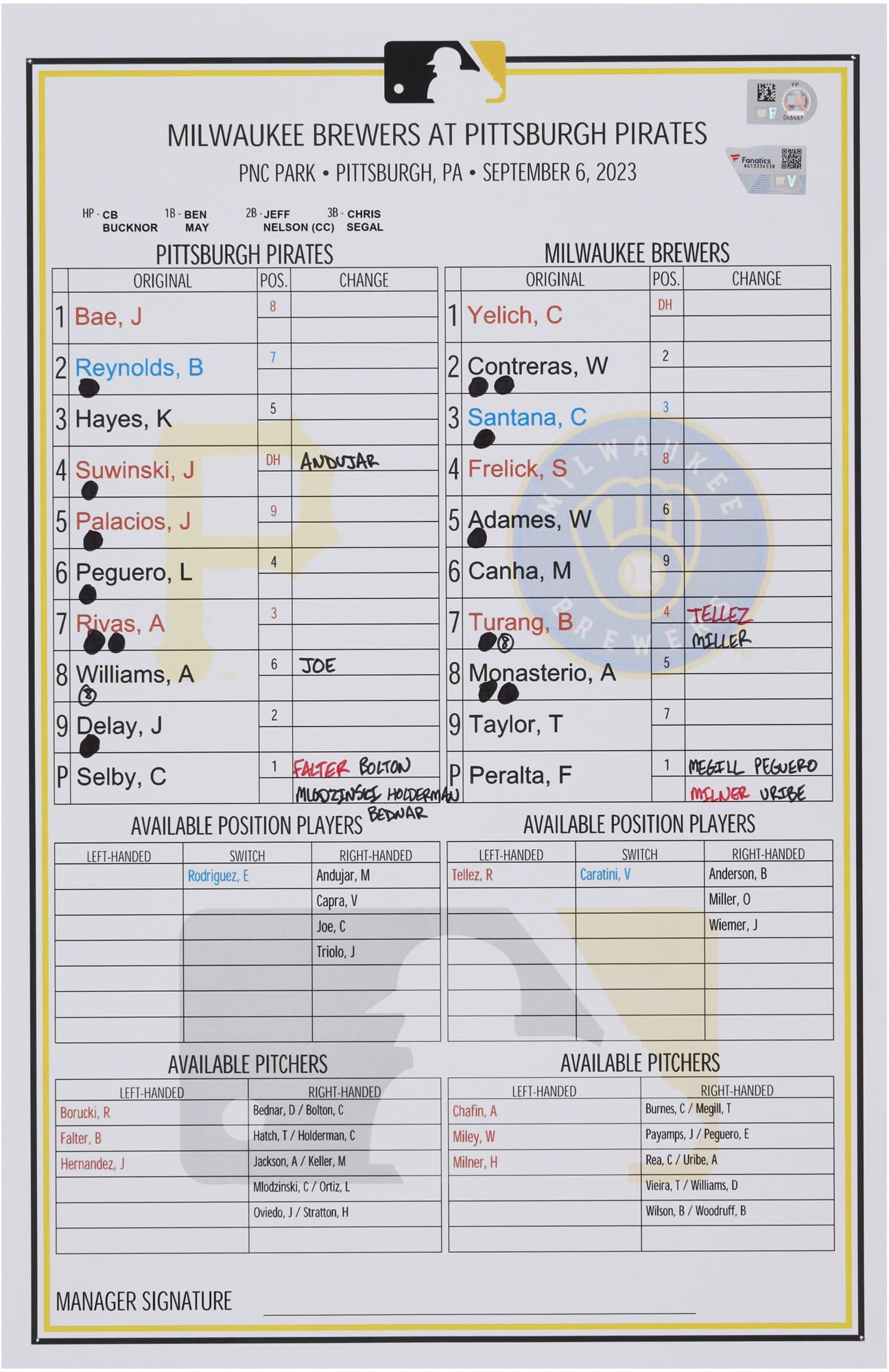 Pittsburgh Pirates GameUsed Lineup Card vs. Milwaukee Brewers on