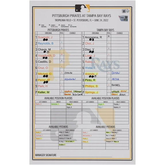 Pittsburgh Pirates Game-Used Lineup Card vs. Tampa Bay Rays on June 24, 2022 - Fanatics Authentic Certified