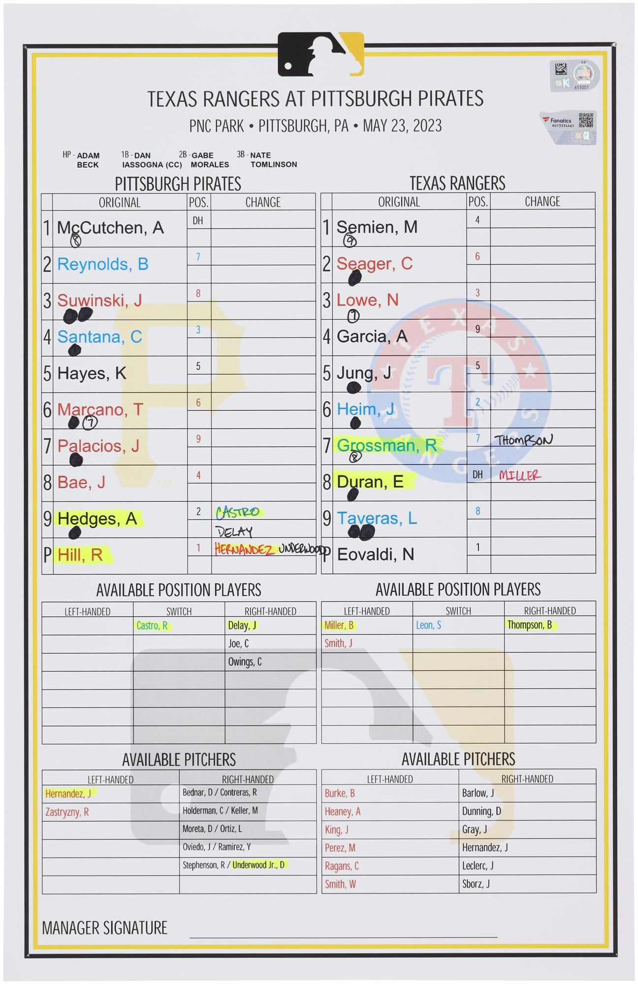 Pittsburgh Pirates GameUsed Lineup Card vs. Texas Rangers on May 23, 2023 Fanatics Authentic