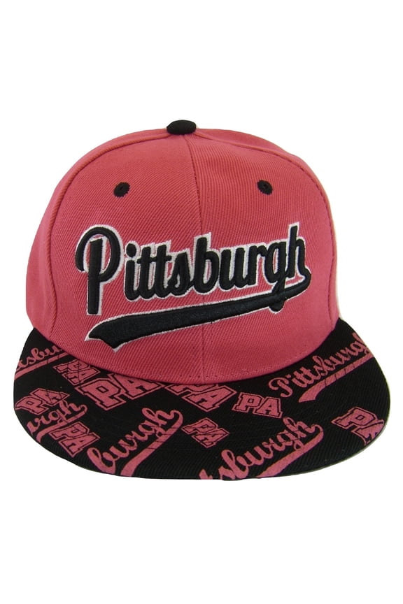 Pittsburgh Script Print on Bill Adjustable Snapback Baseball Cap (Hot Pink/Black)