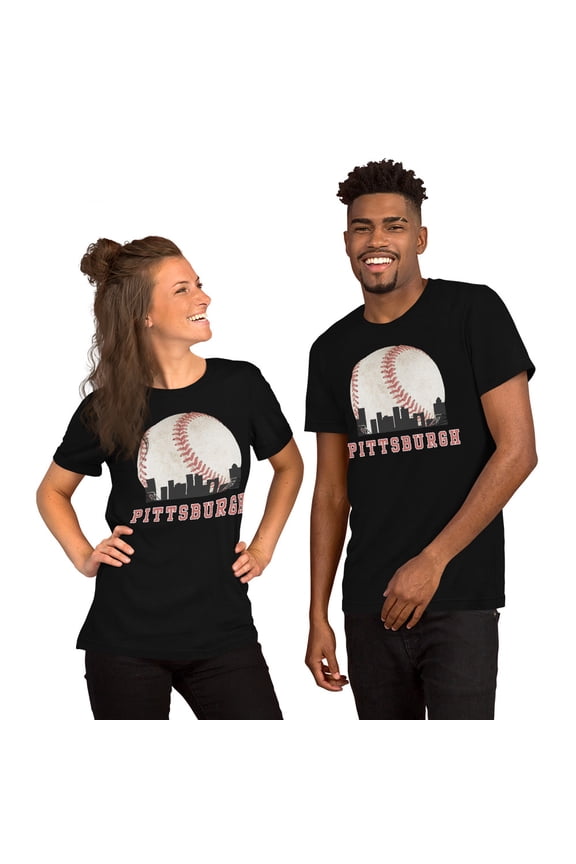 Pittsburgh Skyline Baseball Graphic T-Shirt, Vintage Sports City Tee (Black, 5XL)