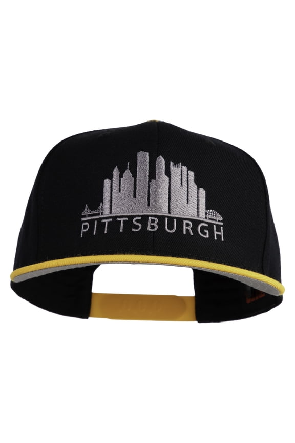 Pittsburgh Skyline Embroidered Superior Cotton Twill Flat Bill Snapback Prostyle Cap - Gold Black OSFM