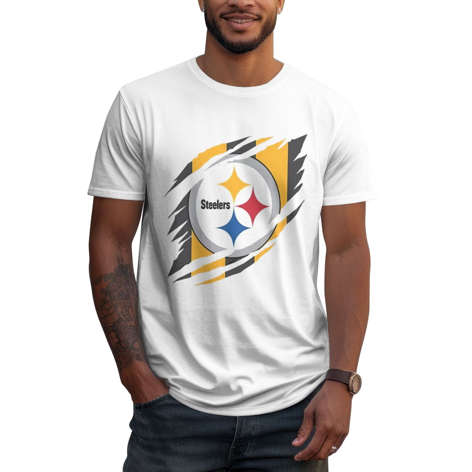 Pittsburgh_Steelers_ Crewneck Short Sleeve Sweatshirt Cotton Pullover Casual T-Shirt for Men White 3X-Large