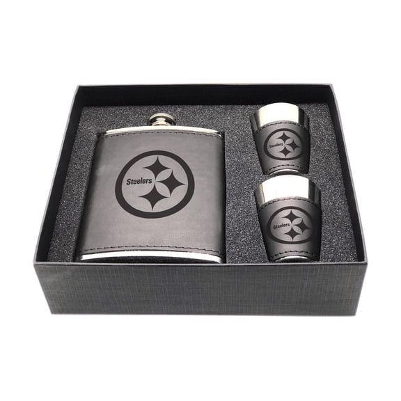 Pittsburgh Steelers Three-Piece Leather Flask & Shot Glass Set