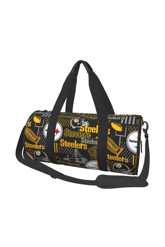 Pittsburgh Team Large Capacity Travel Duffel Bag American Football Sports Training Fitness Cylinder Bag Double Pull Zipper Leisure Duffel Bag With Side Pockets Unisex