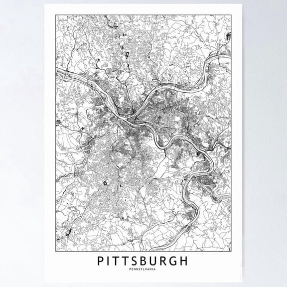 Pittsburgh White Map Poster, UNFRAMED PAPER POSTER, Home Decor