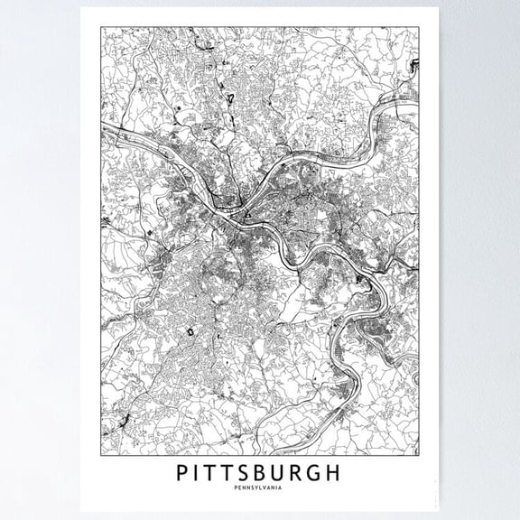 Pittsburgh White Map Poster, UNFRAMED PAPER POSTER, Home Decor